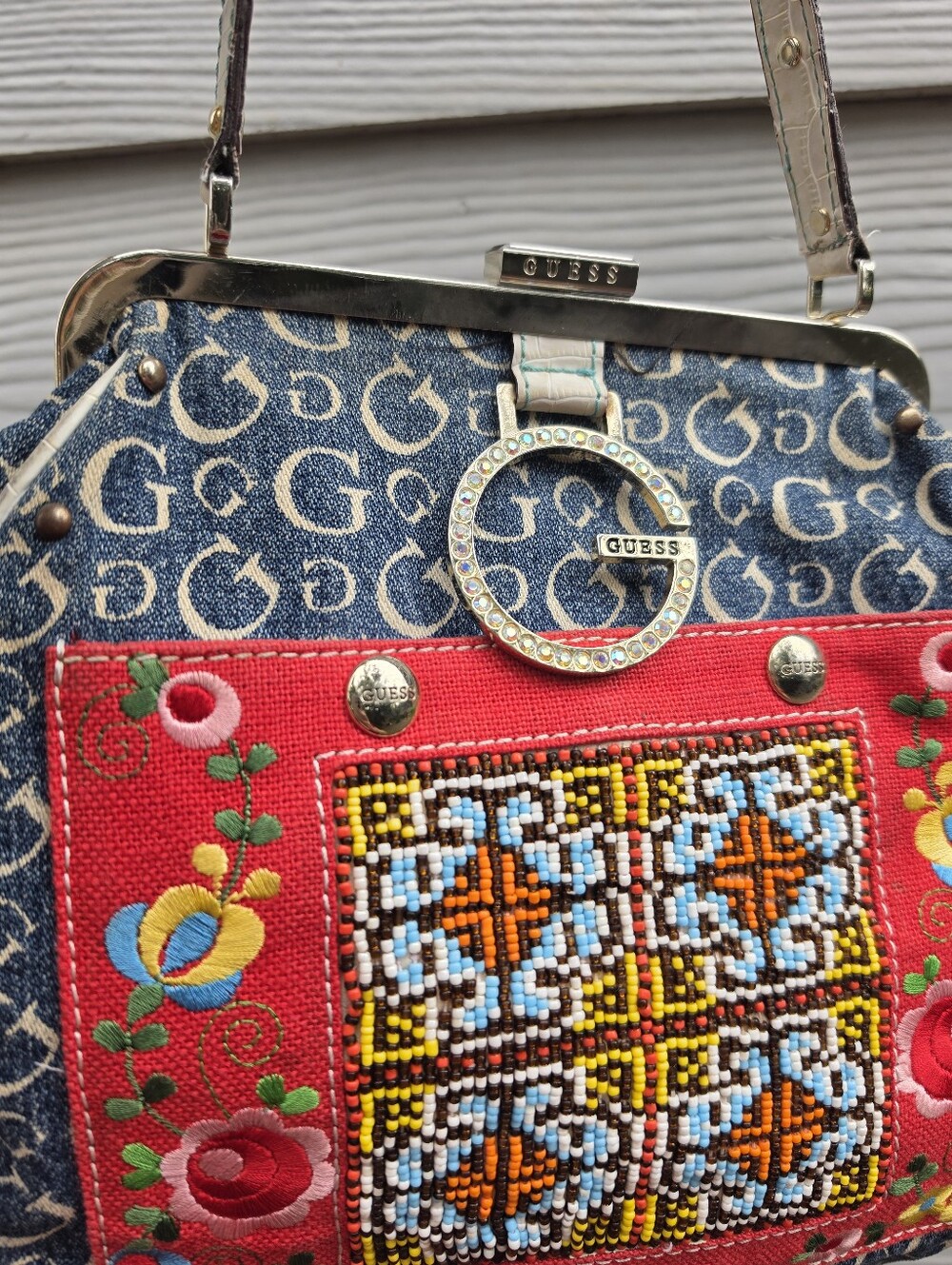 Vtg Y2K Guess Denim Embroidered Hand Bag Boho Chic Festival McBling Cottagecore - Picture 4 of 9